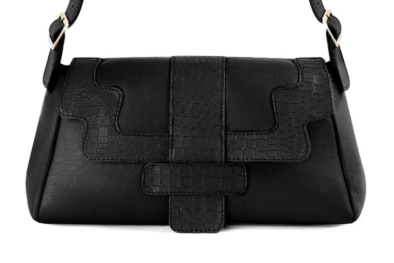 Satin black women's dress handbag, matching pumps and belts. Profile view - Florence KOOIJMAN